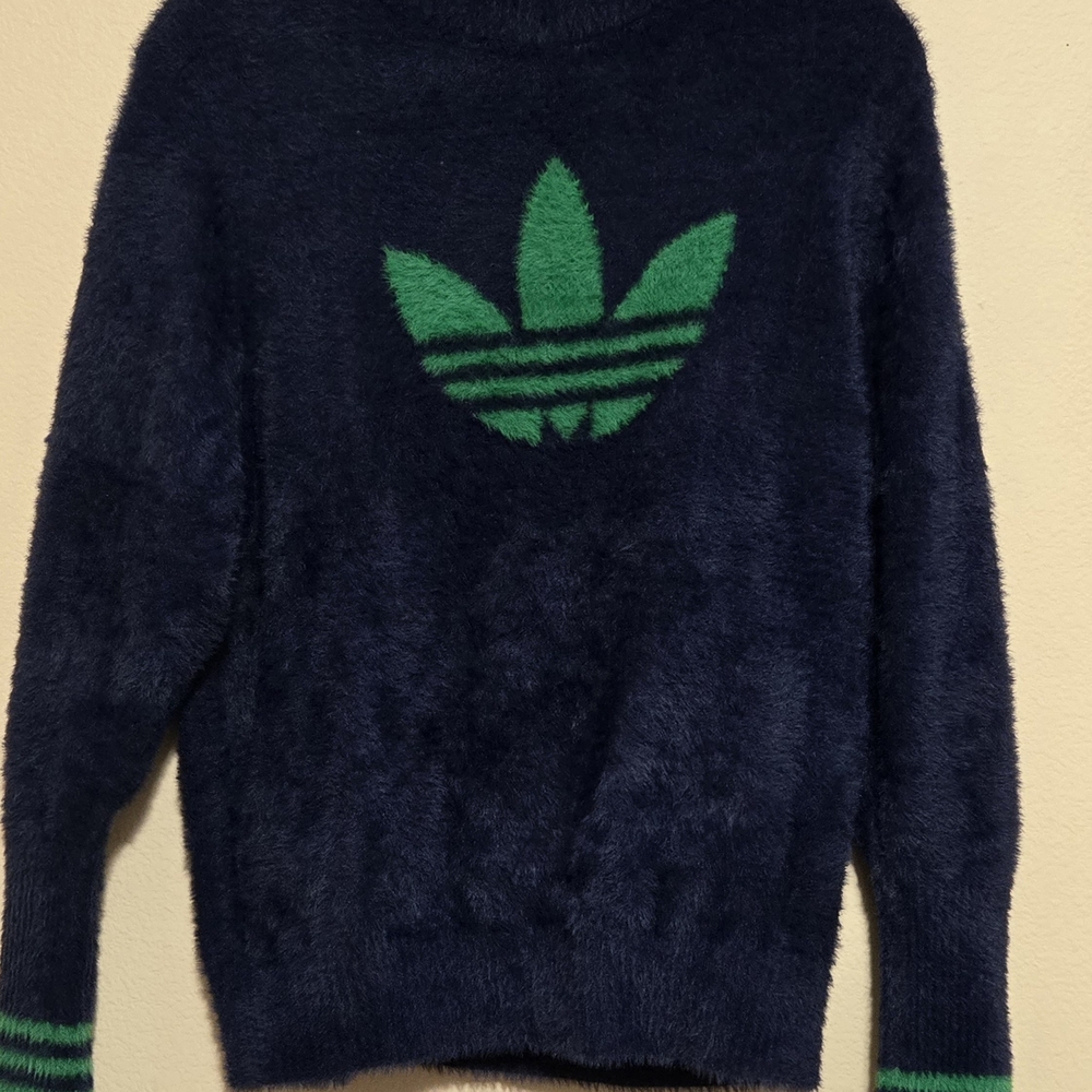 Adidas Men's Dark Blue and Green Crewneck Sweater
